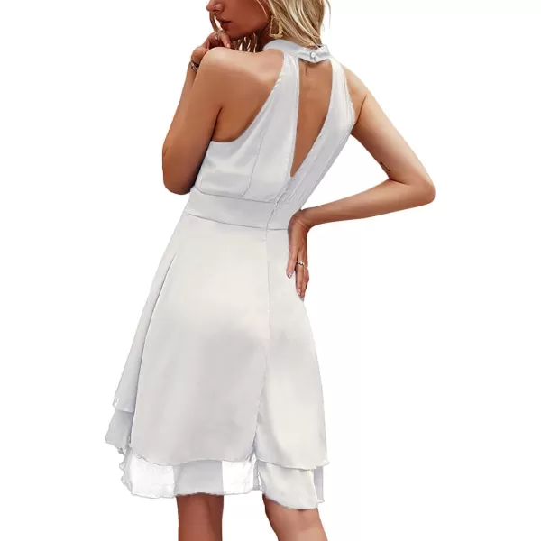 LYANER Women's Halter Sleeveless Pleated Layer Ruffle Hem Elegant Workwear Mini Dress