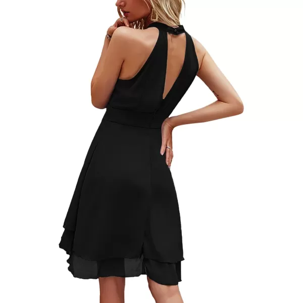 LYANER Women's Halter Sleeveless Pleated Layer Ruffle Hem Elegant Workwear Mini Dress