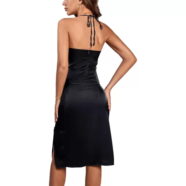 LYANER Women's Halter Strappy Satin Drape Cowl Neck Sleeveless Backless Split Slit Party Dress