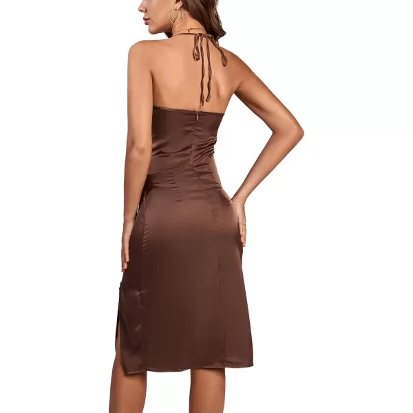 LYANER Women's Halter Strappy Satin Drape Cowl Neck Sleeveless Backless Split Slit Party Dress