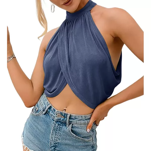 LYANER Women's Halter Wrap Sleeveless Draped Backless Sexy Cami Crop Top