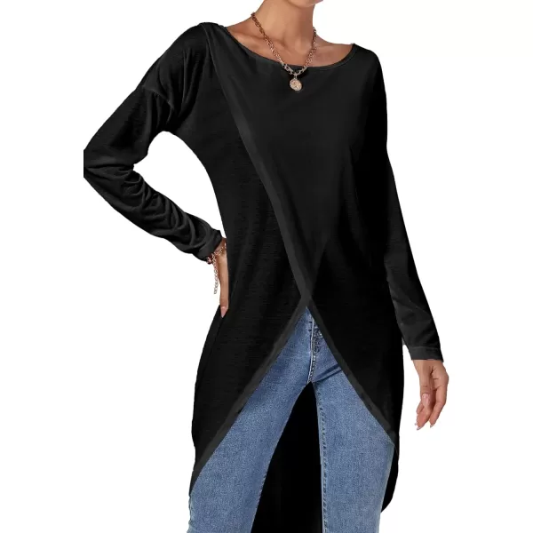 LYANER Women's High Low Long Sleeve Wrap Front Split Hem Long Shirt Blouse Tunic Top