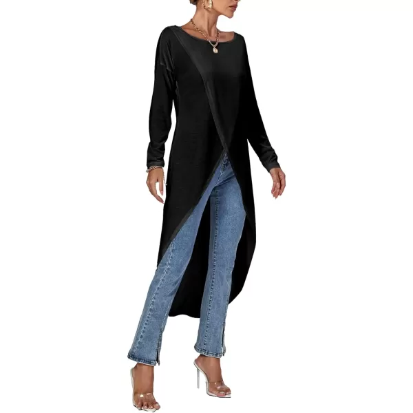 LYANER Women's High Low Long Sleeve Wrap Front Split Hem Long Shirt Blouse Tunic Top