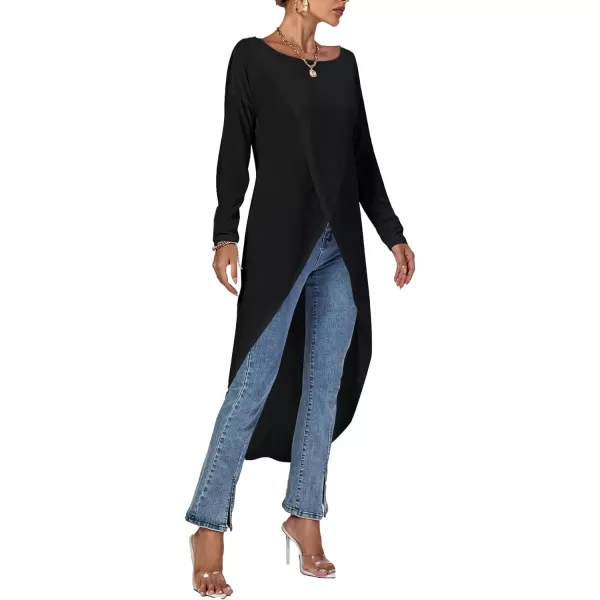 LYANER Women's High Low Long Sleeve Wrap Front Split Hem Long Shirt Blouse Tunic Top