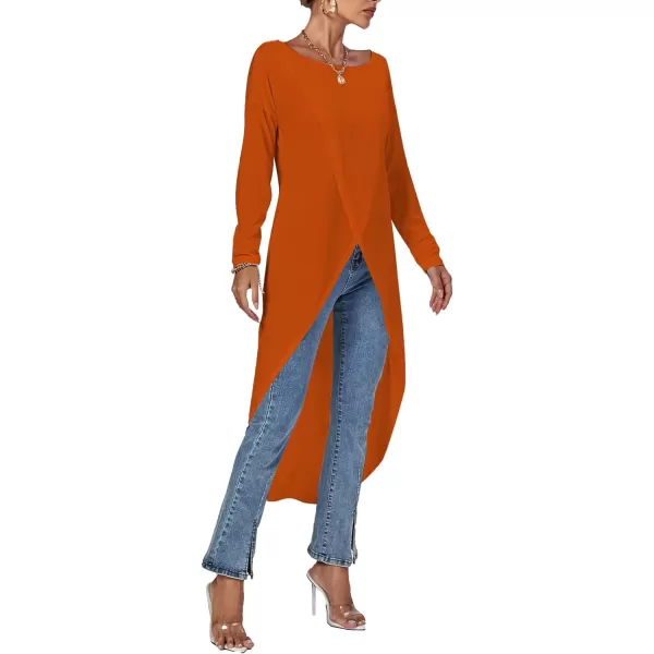 LYANER Women's High Low Long Sleeve Wrap Front Split Hem Long Shirt Blouse Tunic Top