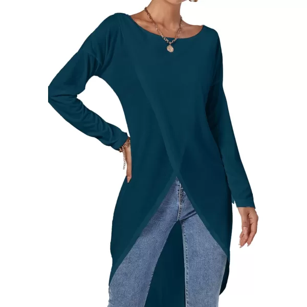 LYANER Women's High Low Long Sleeve Wrap Front Split Hem Long Shirt Blouse Tunic Top