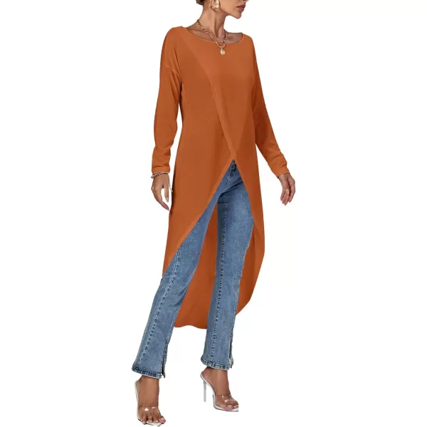 LYANER Women's High Low Long Sleeve Wrap Front Split Hem Long Shirt Blouse Tunic Top