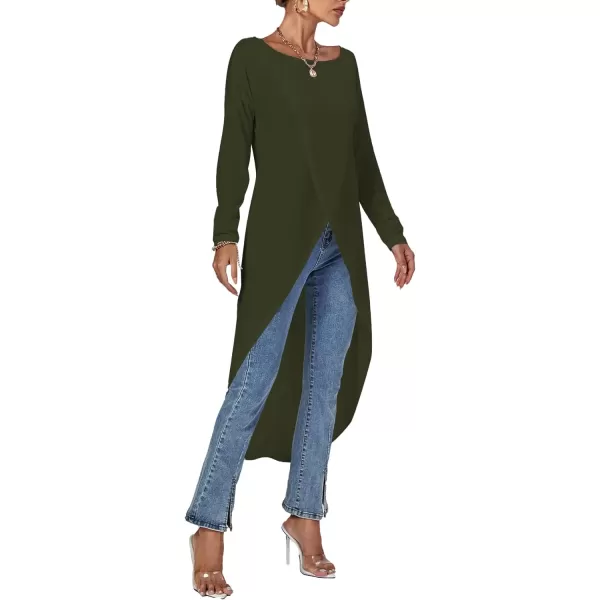 LYANER Women's High Low Long Sleeve Wrap Front Split Hem Long Shirt Blouse Tunic Top