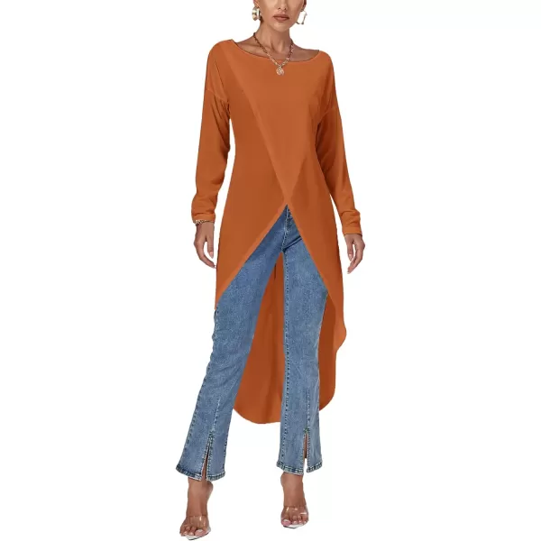 LYANER Women's High Low Long Sleeve Wrap Front Split Hem Long Shirt Blouse Tunic Top