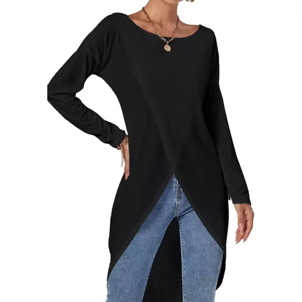 LYANER Women's High Low Long Sleeve Wrap Front Split Hem Long Shirt Blouse Tunic Top
