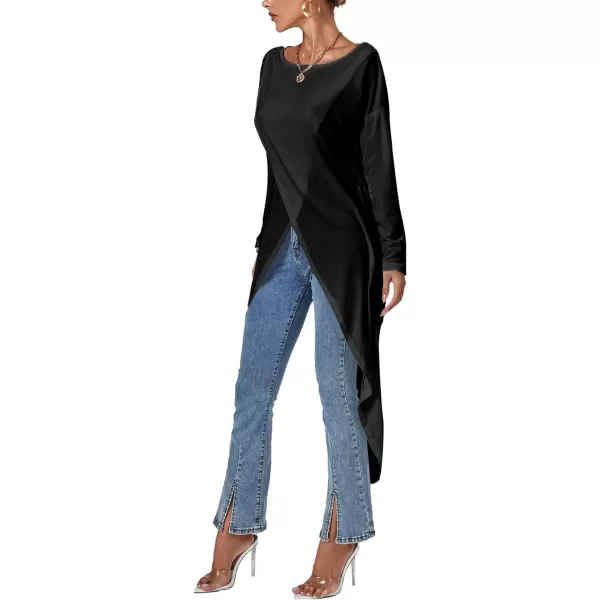 LYANER Women's High Low Long Sleeve Wrap Front Split Hem Long Shirt Blouse Tunic Top