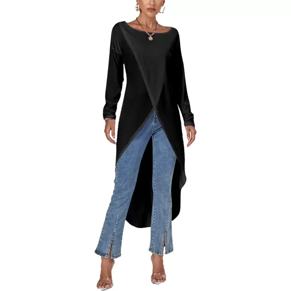 LYANER Women's High Low Long Sleeve Wrap Front Split Hem Long Shirt Blouse Tunic Top