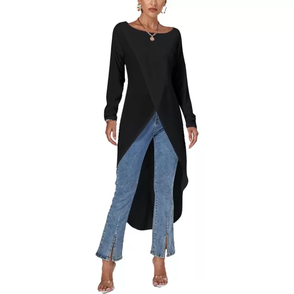 LYANER Women's High Low Long Sleeve Wrap Front Split Hem Long Shirt Blouse Tunic Top
