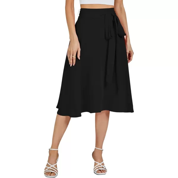 LYANER Women's High Waist Belted Zip Back A-line Work Plain Midi Skirt with Pockets
