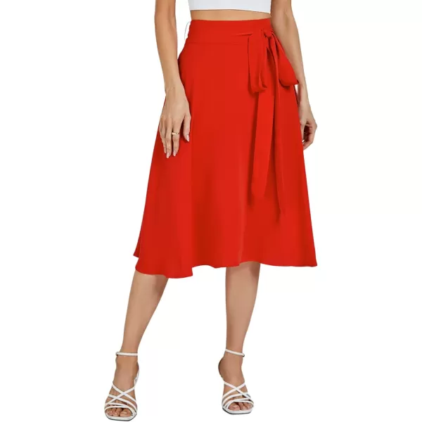 LYANER Women's High Waist Belted Zip Back A-line Work Plain Midi Skirt with Pockets