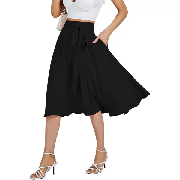 LYANER Women's High Waist Belted Zip Back A-line Work Plain Midi Skirt with Pockets