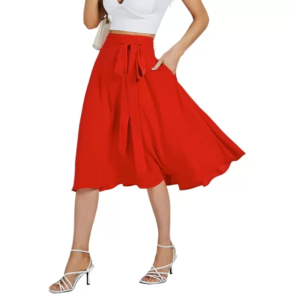 LYANER Women's High Waist Belted Zip Back A-line Work Plain Midi Skirt with Pockets