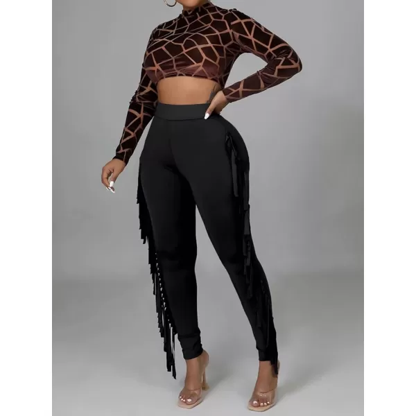 LYANER Women's High Waist Fringe Jogger Sweatpants Tassels Side Bodycon Pants