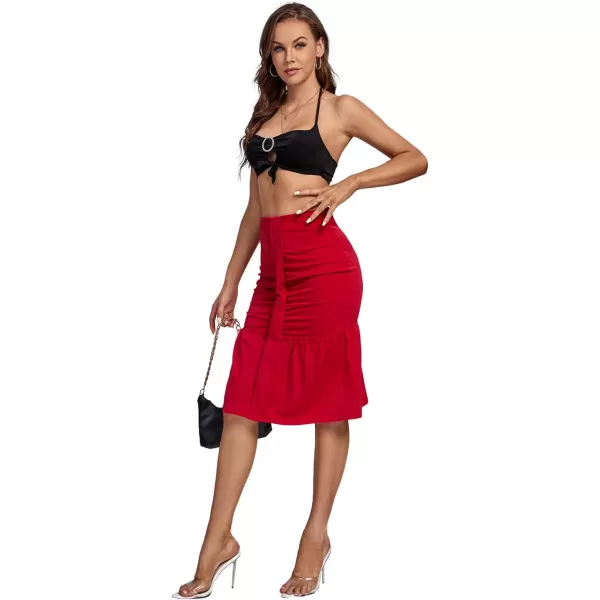 LYANER Women's High Waist Ruched Ruffle Hem Fishtail Bodycon Midi Pencil Skirt