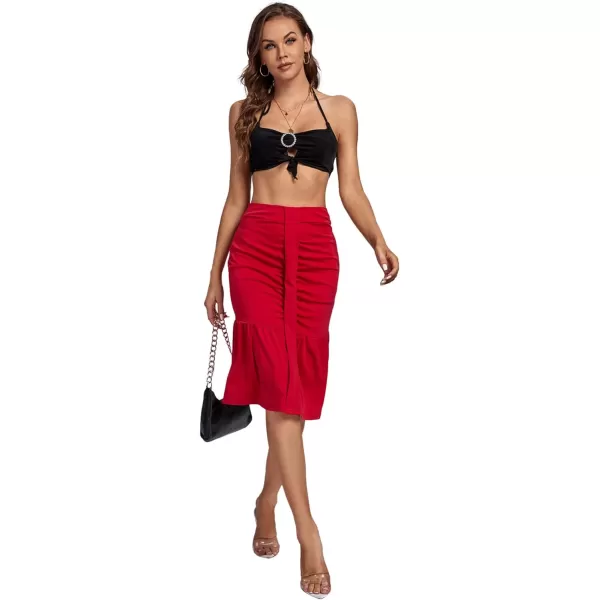 LYANER Women's High Waist Ruched Ruffle Hem Fishtail Bodycon Midi Pencil Skirt