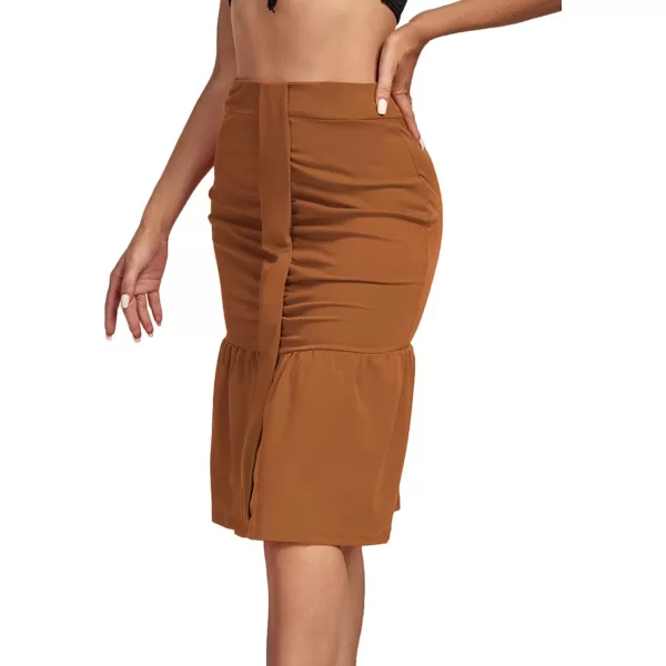 LYANER Women's High Waist Ruched Ruffle Hem Fishtail Bodycon Midi Pencil Skirt