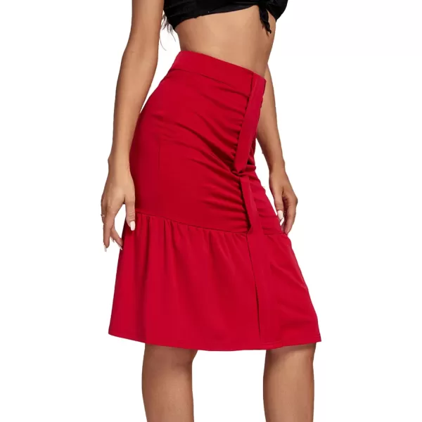 LYANER Women's High Waist Ruched Ruffle Hem Fishtail Bodycon Midi Pencil Skirt