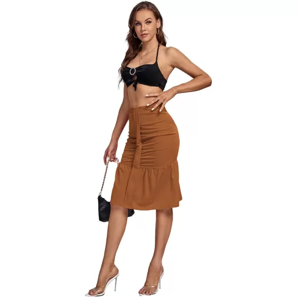 LYANER Women's High Waist Ruched Ruffle Hem Fishtail Bodycon Midi Pencil Skirt