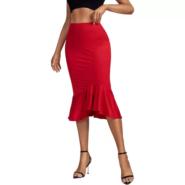 LYANER Women's High Waist Ruffle Hem Fishtail Bodycon Pencil Midi Skirt