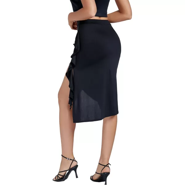LYANER Women's High Waist Ruffle Hem High Low Flowy Midi Skirt Latin Salsa Tango Dance Skirt