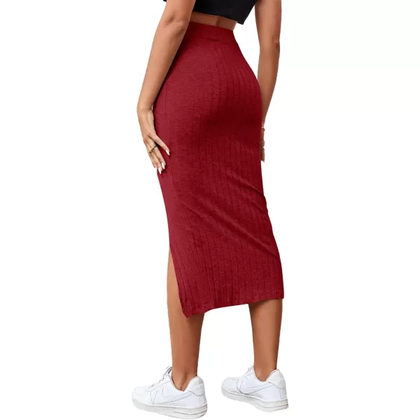 LYANER Women's High Waist Stretchy Rib Knit Split Slit Hem Midi Pencil Skirt