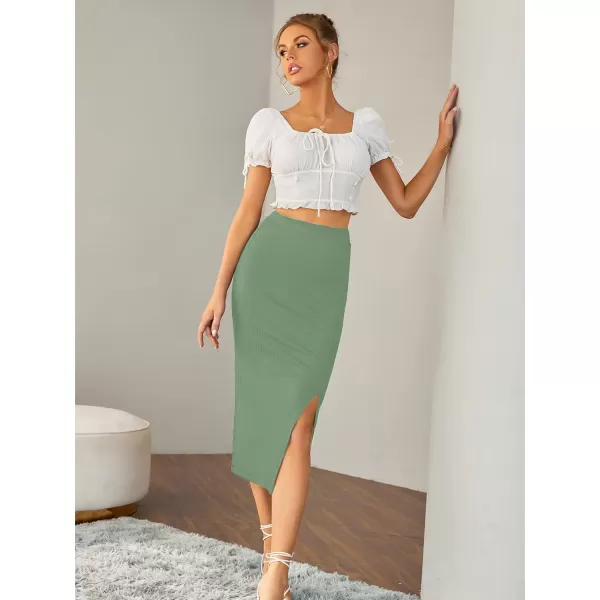 LYANER Women's High Waist Stretchy Rib Knit Split Slit Hem Midi Pencil Skirt