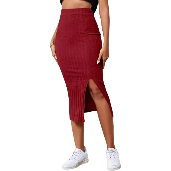 LYANER Women's High Waist Stretchy Rib Knit Split Slit Hem Midi Pencil Skirt