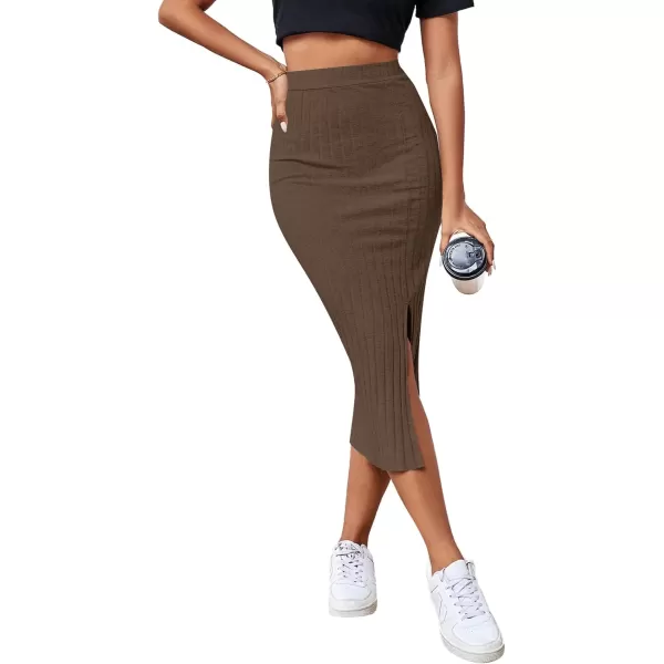 LYANER Women's High Waist Stretchy Rib Knit Split Slit Hem Midi Pencil Skirt