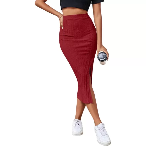 LYANER Women's High Waist Stretchy Rib Knit Split Slit Hem Midi Pencil Skirt