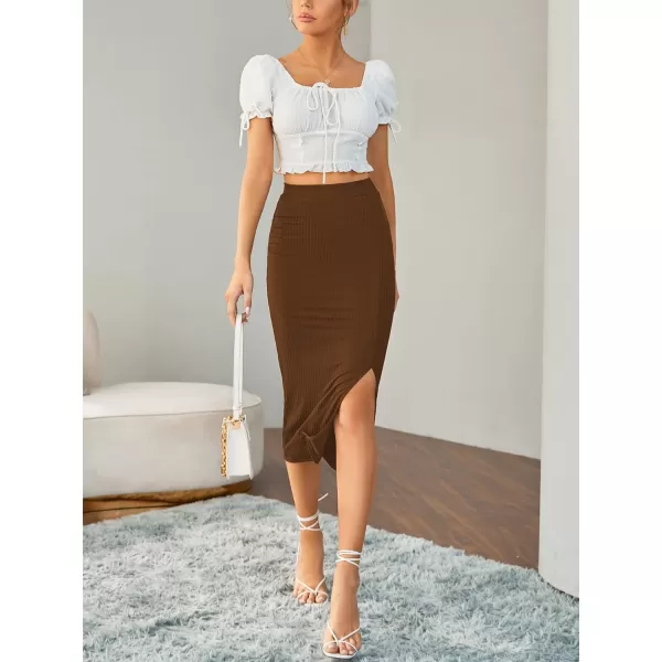 LYANER Women's High Waist Stretchy Rib Knit Split Slit Hem Midi Pencil Skirt