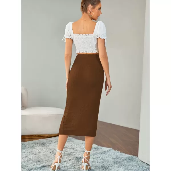 LYANER Women's High Waist Stretchy Rib Knit Split Slit Hem Midi Pencil Skirt