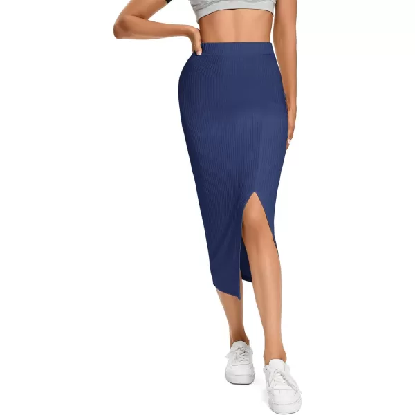 LYANER Women's High Waist Stretchy Rib Knit Split Slit Hem Midi Pencil Skirt