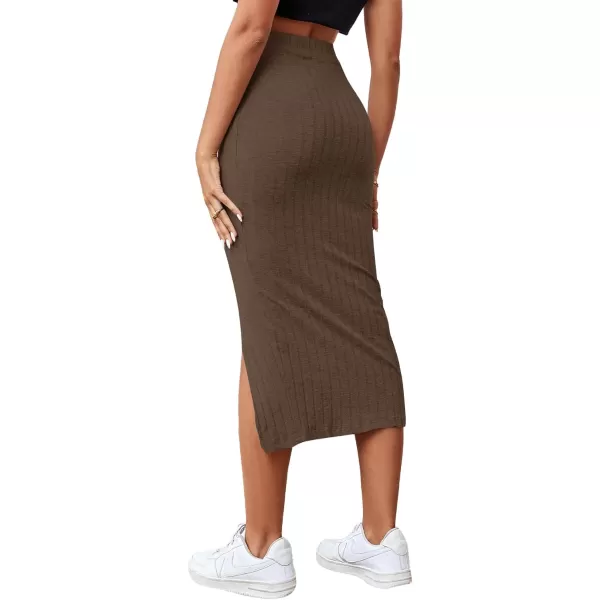 LYANER Women's High Waist Stretchy Rib Knit Split Slit Hem Midi Pencil Skirt