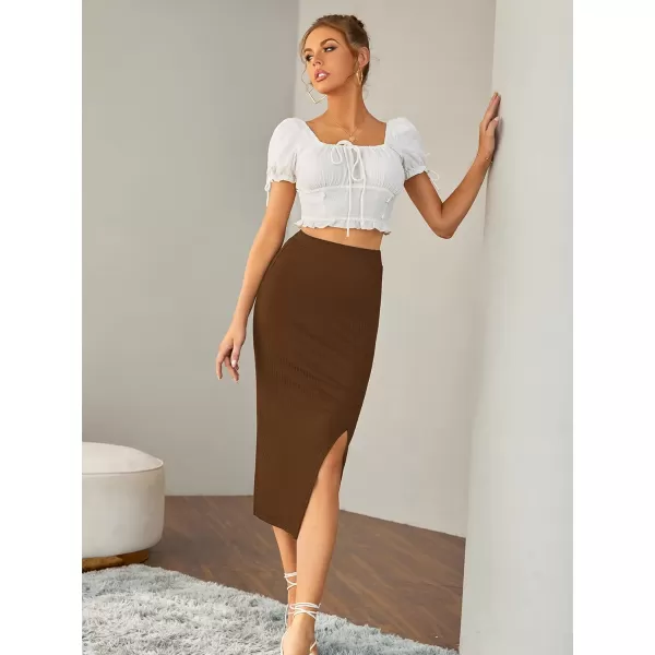 LYANER Women's High Waist Stretchy Rib Knit Split Slit Hem Midi Pencil Skirt