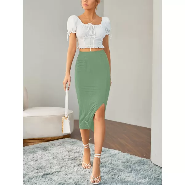 LYANER Women's High Waist Stretchy Rib Knit Split Slit Hem Midi Pencil Skirt