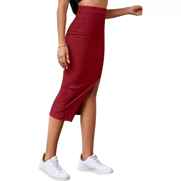 LYANER Women's High Waist Stretchy Rib Knit Split Slit Hem Midi Pencil Skirt