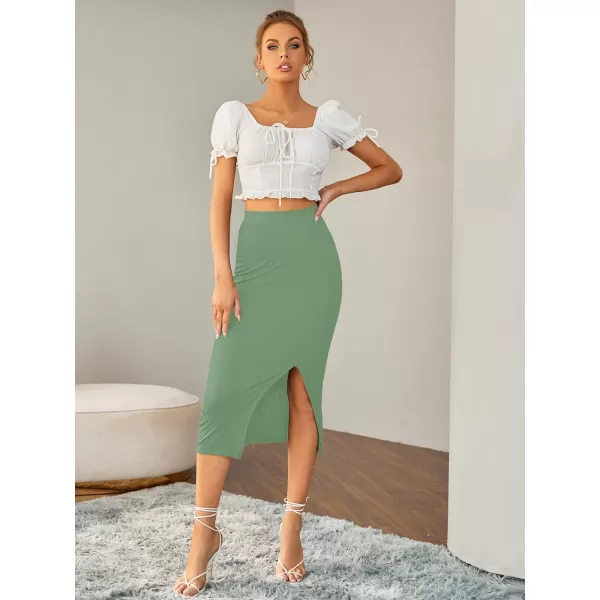 LYANER Women's High Waist Stretchy Rib Knit Split Slit Hem Midi Pencil Skirt