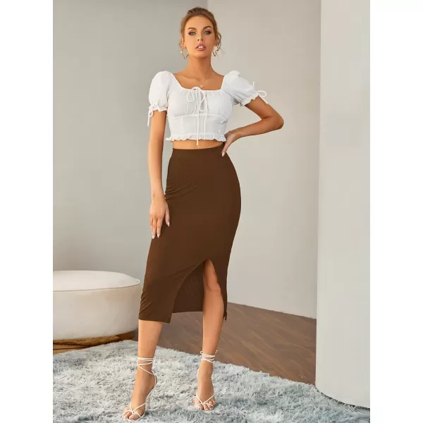 LYANER Women's High Waist Stretchy Rib Knit Split Slit Hem Midi Pencil Skirt