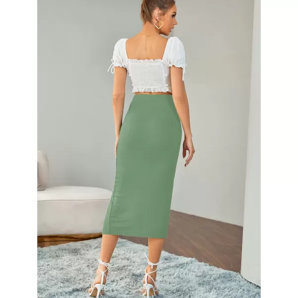 LYANER Women's High Waist Stretchy Rib Knit Split Slit Hem Midi Pencil Skirt