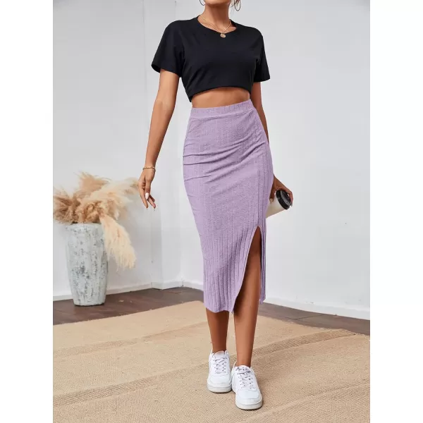 LYANER Women's High Waist Stretchy Rib Knit Split Slit Hem Midi Pencil Skirt