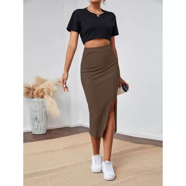 LYANER Women's High Waist Stretchy Rib Knit Split Slit Hem Midi Pencil Skirt