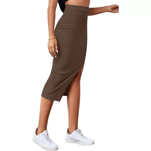 LYANER Women's High Waist Stretchy Rib Knit Split Slit Hem Midi Pencil Skirt