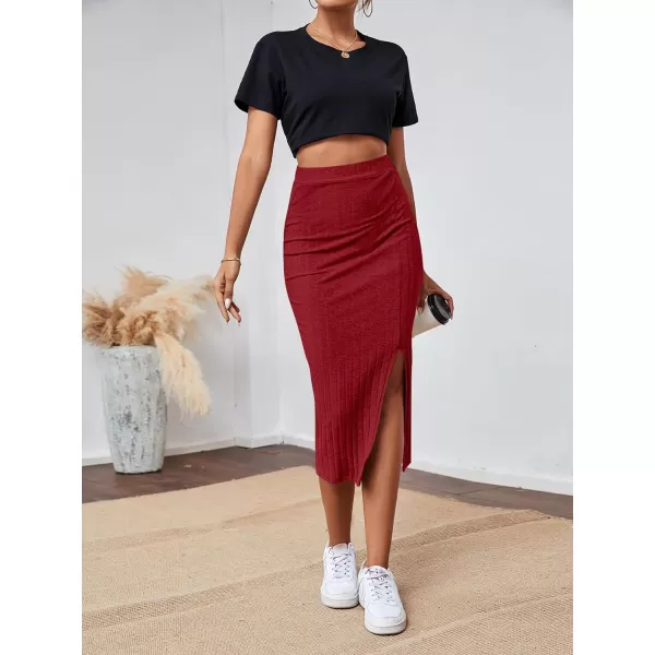 LYANER Women's High Waist Stretchy Rib Knit Split Slit Hem Midi Pencil Skirt
