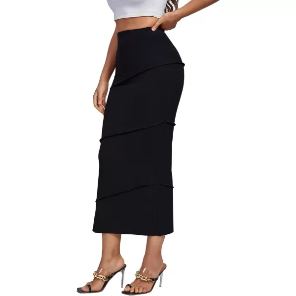 LYANER Women's High Waist Stretchy Split Slit Hem Rib Knit Bodycon Midi Skirt