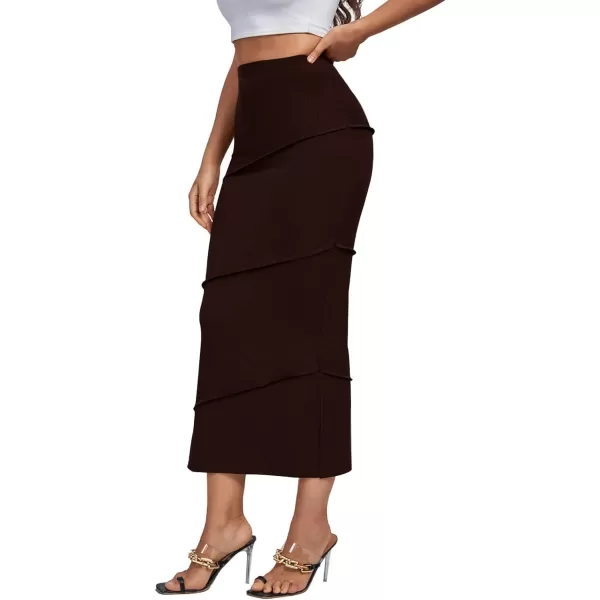 LYANER Women's High Waist Stretchy Split Slit Hem Rib Knit Bodycon Midi Skirt